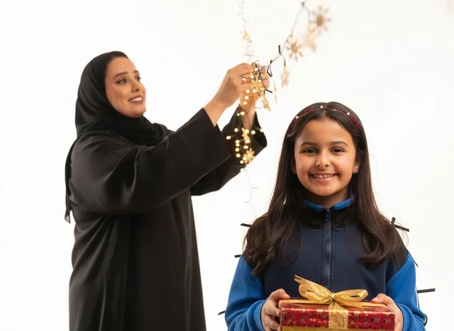 امرأة سعودية وطفلة مع هدية وأضواء زينة احتفالية