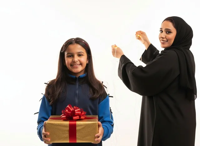 امرأة سعودية وطفلة مع هدية وأضواء زينة احتفالية
