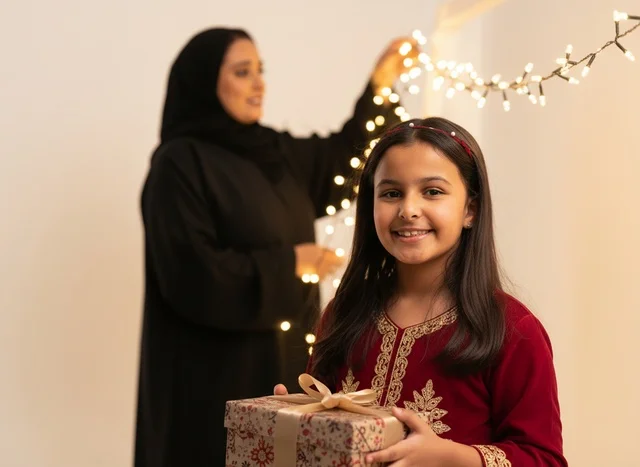 Saudi Girl with Gift and Mother Hanging Eid Lights