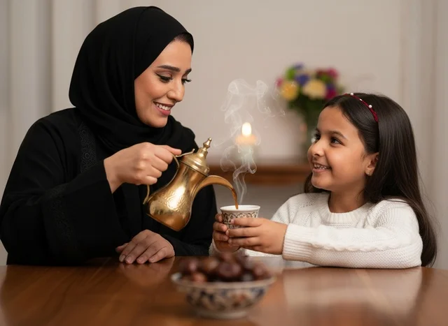 Emirati Woman Pouring Arabic Coffee for Child Indoors