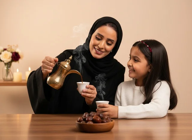 An Emirati woman is pouring Arabic coffee for a girl inside.