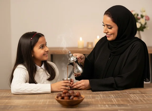 An Emirati woman is pouring Arabic coffee for a girl inside. An Emirati woman is pouring Arabic coffee for a girl inside.