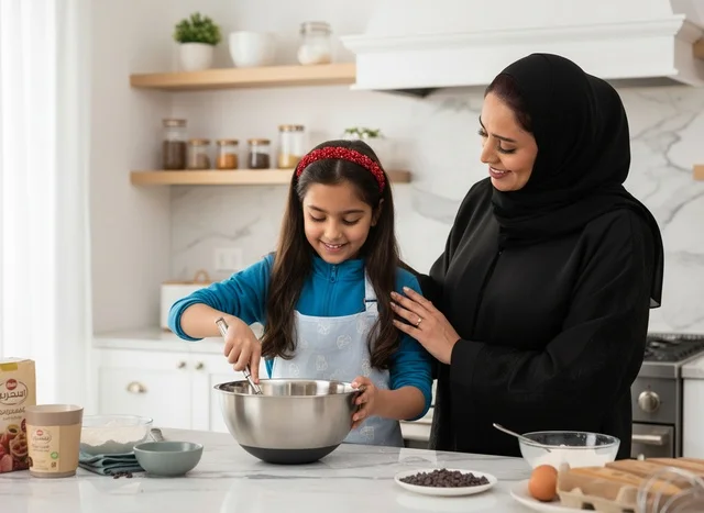أم عربية وابنتها يخبزان في مطبخ حديث