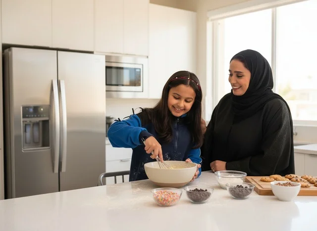 أم عربية وابنتها يخبزان في مطبخ حديث