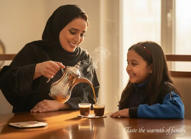 Saudi Woman Pouring Arabic Coffee for Daughter Indoors