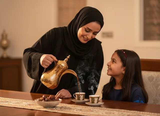 امرأة سعودية تصب القهوة العربية من دلة ذهبية