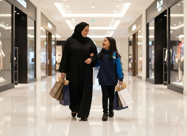 Saudi Woman and Girl Shopping in Mall with Bags