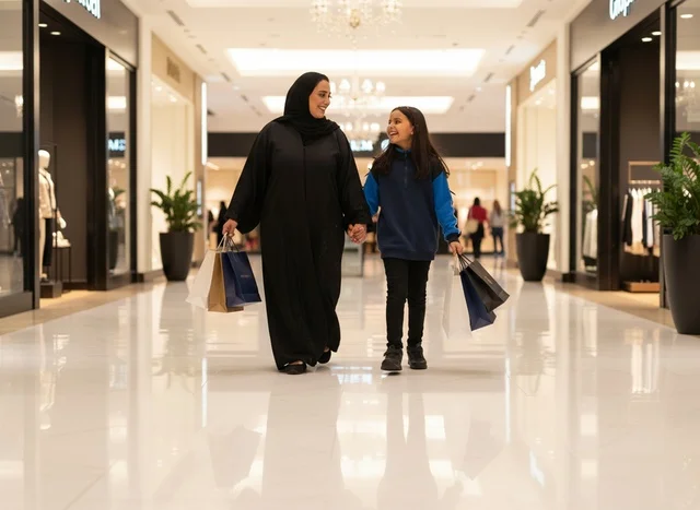امرأة عربية وابنتها تتسوقان في مركز تجاري حديث