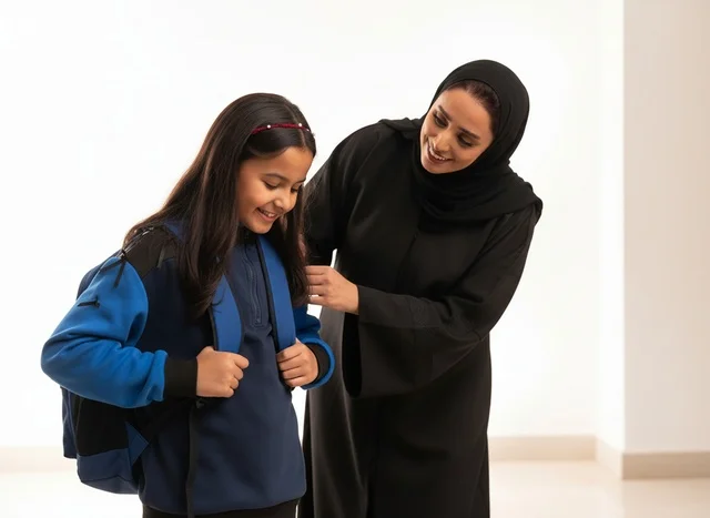 Saudi Mother Helping Daughter with School Backpack