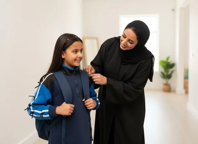 أم إماراتية تجهز ابنتها للمدرسة في المنزل