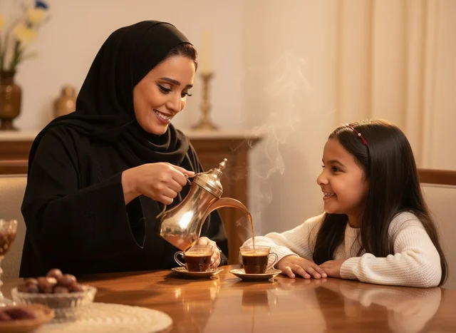 Saudi Mother and Daughter with Traditional Arabic Coffee
