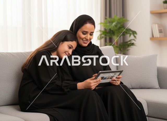 أم عربية وابنتها تستخدمان التابلت بالعباءة