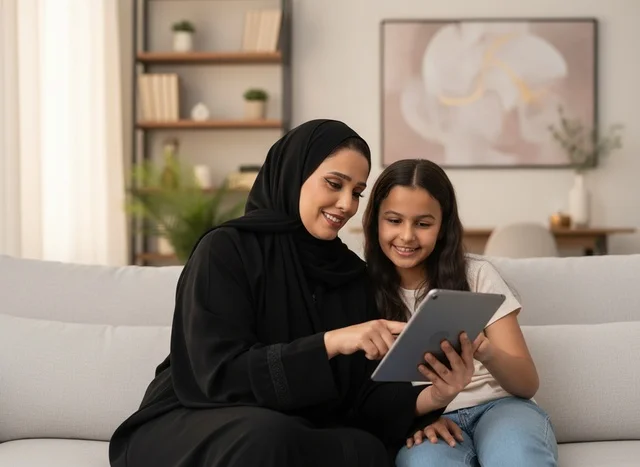 أم إماراتية وابنتها تستخدمان الجهاز اللوحي على الأريكة