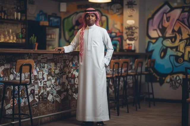 رجل سعودي بالزي التقليدي في مطعم عصري