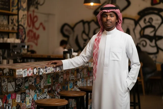 Saudi Man in Traditional Thobe at Modern Urban Cafe