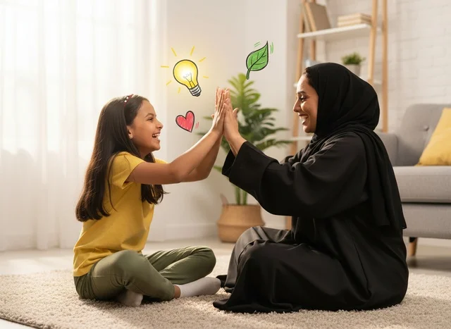أم إماراتية وابنتها في غرفة المعيشة