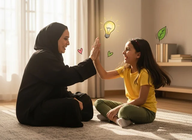 Saudi Mother and Daughter High-Five at Home