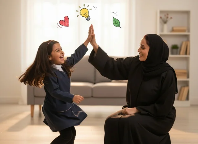 Saudi Woman and Girl in School Uniform High Five