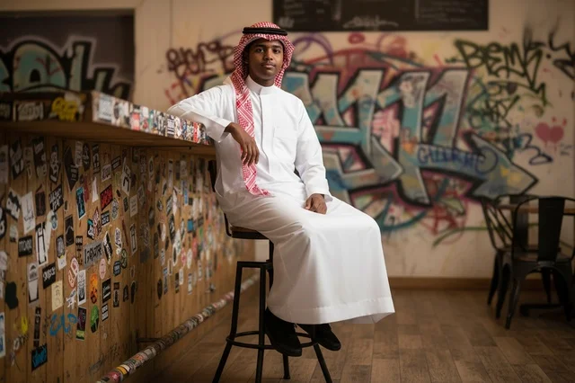 شاب سعودي بالزي التقليدي أمام جدار غرافيتي