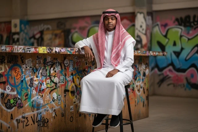 Saudi Man in Traditional Thobe with Urban Graffiti Background