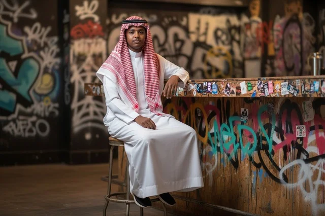 Saudi Man in Traditional Thobe with Graffiti Background