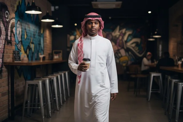 Saudi Man in Traditional Thobe Walking in Modern Cafe