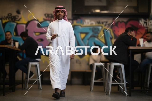 شاب سعودي بالثوب التقليدي داخل مقهى عصري