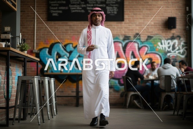 شاب سعودي بالثوب التقليدي داخل مقهى عصري
