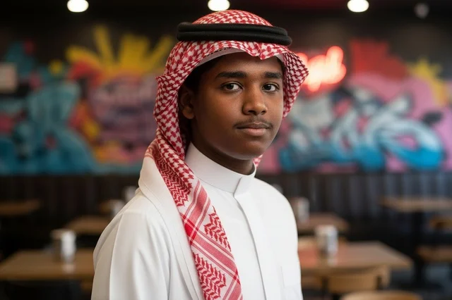 بورتريه طفل سعودي بالزي التقليدي في مطعم حديث