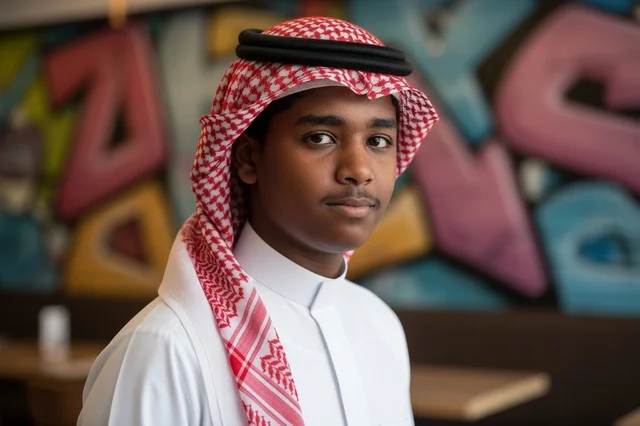 Young Saudi Man in Traditional Thobe and Red Shemagh