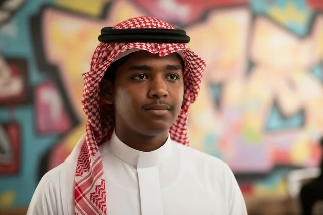 Saudi Man in Traditional Dress with Graffiti Background