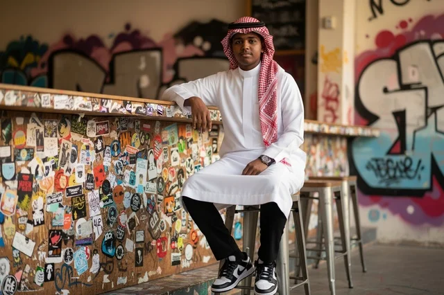 Saudi Man in Traditional Thobe at Urban Graffiti Cafe