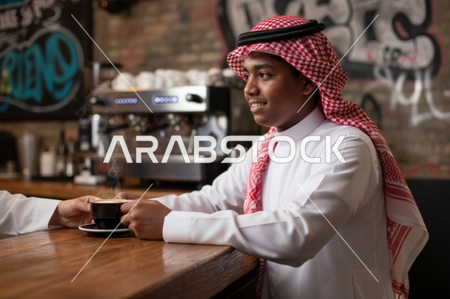 رجل سعودي بالثوب التقليدي في مقهى عصري