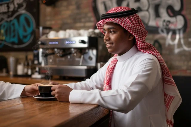 Saudi Man in Thobe at Coffee Shop Counter