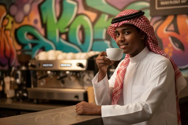 Saudi Man in Traditional Thobe Drinking Coffee in Cafe