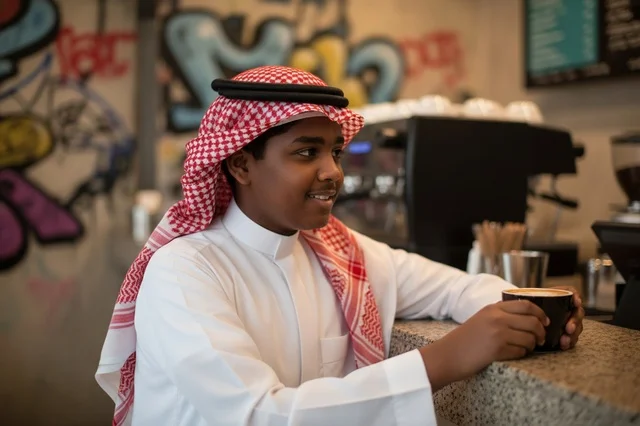 شاب سعودي باللباس التقليدي في مقهى عصري
