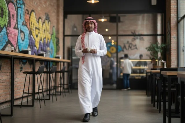 Saudi Man in Traditional Thobe Walking in Modern Cafe