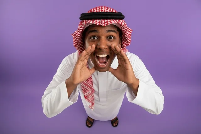 Saudi Man Shouting in Traditional Thobe Purple Background