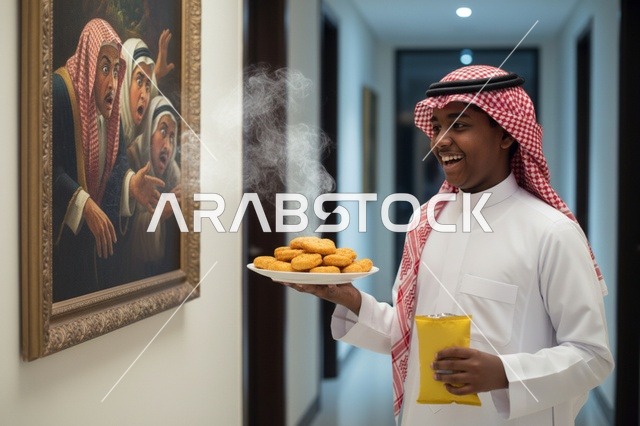 فتى سعودي بالثوب يحمل طبق دجاج ساخن ولوحة فنية