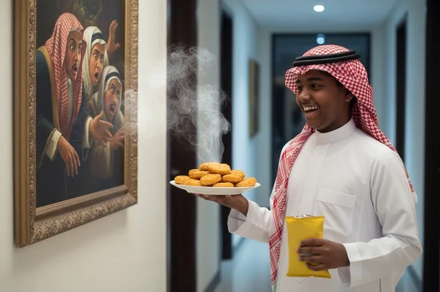 Saudi Boy in Thobe Holding Hot Nuggets Hallway Humor