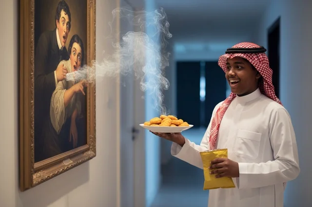 شاب سعودي يحمل طبق طعام في معرض فني