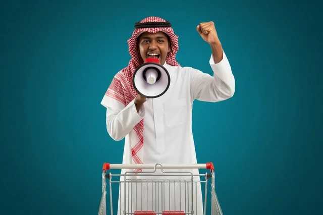 Saudi Man with Megaphone and Shopping Cart