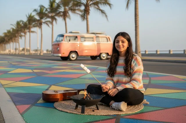 Saudi Woman Roasting Marshmallows on Corniche Walkway