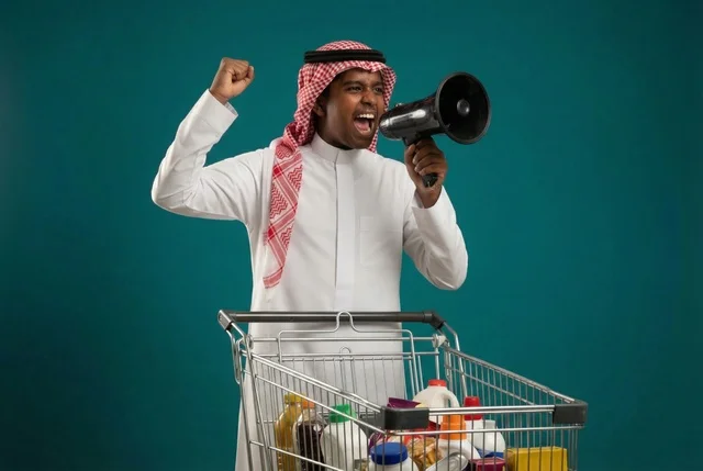 رجل سعودي مع مكبر صوت وعربة تسوق