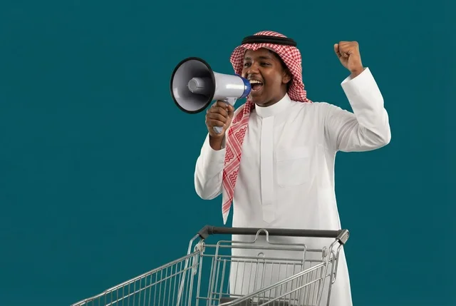 Saudi Man with Megaphone and Shopping Cart Promotion