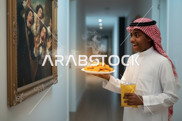 فتى سعودي بالثوب يحمل قطع دجاج ناجتس ساخنة
