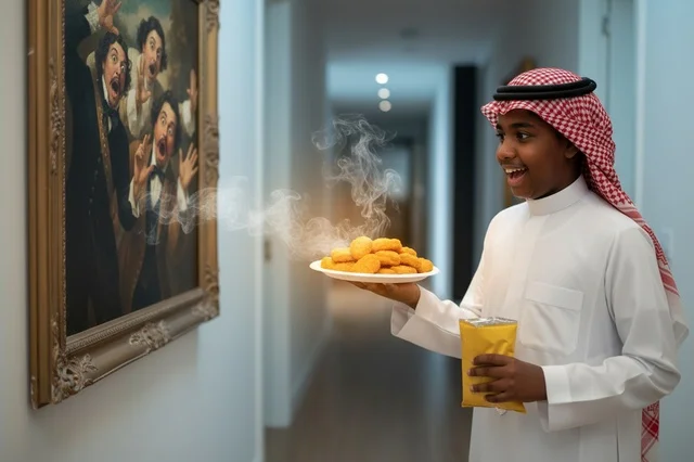 فتى سعودي بالثوب يحمل قطع دجاج ناجتس ساخنة