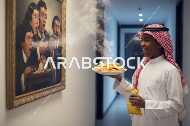 شاب سعودي بالزي التقليدي يحمل طعاماً أمام لوحة