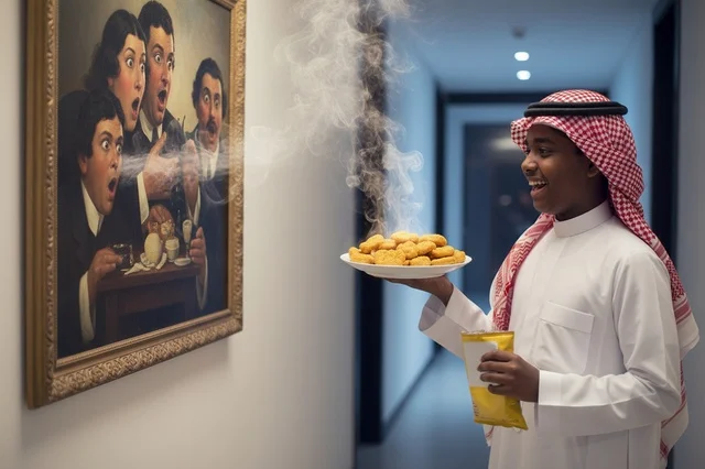 شاب سعودي بالزي التقليدي يحمل طعاماً أمام لوحة