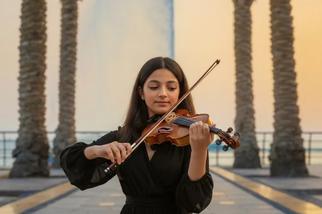 Saudi Woman Playing Violin Outdoors at Sunset